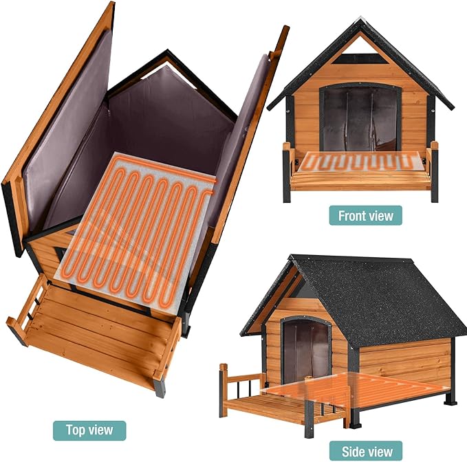 Insulated Dog House with Heating Pad, Weatherproof Outdoor Kennel for Large Dogs, Chew-Resistant Iron Frame & Asphalt Roof (Wood-H, L)