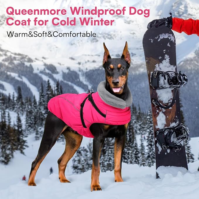Queenmore Dog Jackets for Large Dogs, Dog Coat with Harness Built in,Waterproof Dogs Coats with Zipper On Back,Warm Fleece Lining Cold Weather Pet Coats with Furry Collar for Labrador,Rosered,L