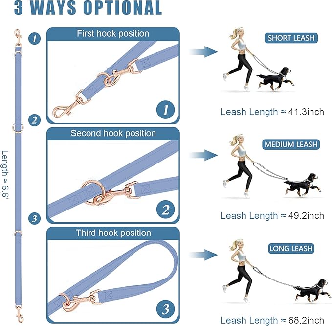 Soft Leather Dog Collar and Leash (6.6') Set - Stylish Rose Gold Heavy Duty Metal Buckle, 4 Adjustable Lengths Leash for Small Medium Large Dogs - Comfortable & Easy to Clean Blue Purple XS(8"-12")