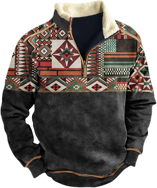 HOTYD Western Jackets for Men Cowboy Sweatshirts Vintage Ethnic Graphic Casual Long Sleeve Top 1/4 Zip Pullover Hoodies