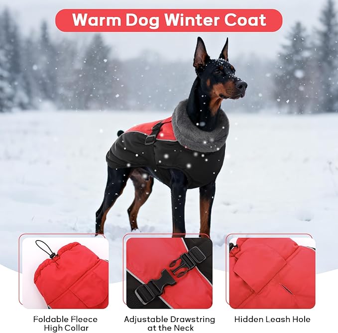 IDOMIK Dog Winter Coat, Reflective Waterproof Dog Jacket for Cold Weather, Warm Pet Coats for Small Medium Large Dogs, High Collar Doggy Fleece Snow Jacket, Winter Vest with Adjustable Buckle,M