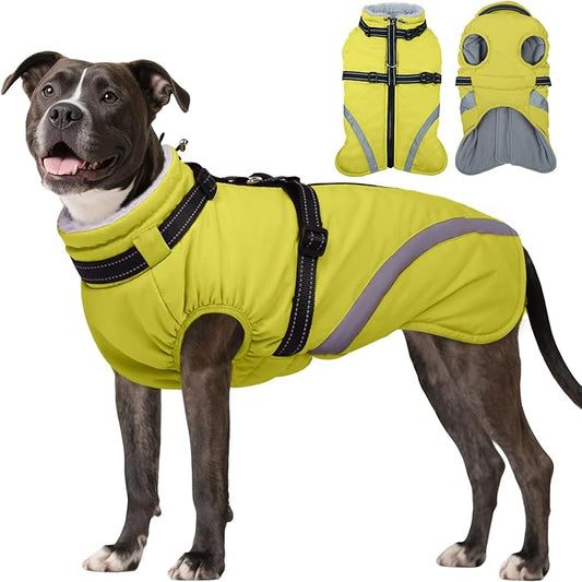BRKURLEG Dog Winter Jackets for Medium Dogs, Dog Coat with Harness Built in, Dogs Snowsuits with Zipper, Waterproof Windproof Pet Puffer Jacket Fleece Vest for Pug, French Bulldog, Green M