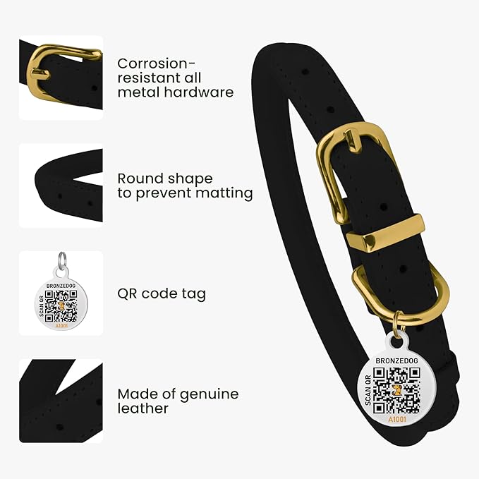 BronzeDog Rolled Leather Dog Collar with QR ID Tag, Adjustable Soft Round Collars for Small Medium Large Dogs Puppy (11" - 14 1/2" Neck Size, Black Night)