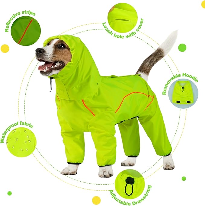 Dog Raincoat, Waterproof Dog Rain Jacket with Removable Hood，Adjustable 4 Legs Pet Poncho with Leash Hole，Reflective Stripe Hooded Snowproof Windproof Clothes for Small to 3X-Large Dogs, S