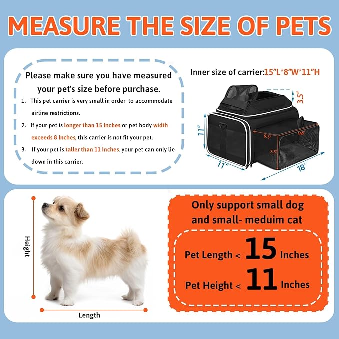 Petskd Top and Side Expandable Pet Carrier 18x11x11 Inches Delta United Airline Approved, Soft-Sided Carrier for Small Cats and Dogs with Locking Safety Zippers and Anti-Scratch Mesh(Black)