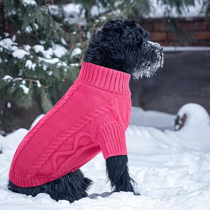 Queenmore Small Dog Pullover Sweater, Cold Weather Cable Knitwear, Classic Turtleneck Thick Warm Clothes for Chihuahua, Bulldog, Dachshund, Pug (Fuchsia, Medium)