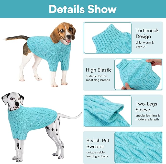 Queenmore Knitted XS Dog Sweater,Turtleneck Pullover Small Dog Sweater,Soft DogSweaters for Small Dogs Male Female, Pet Sweaters for Dogs,Thick Warm Pet Clothes for Teacup,Chihuahua(Lake Blue,XS)