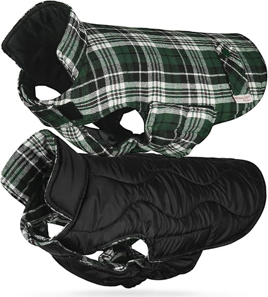 VIVAGLORY Softjoy Dog Coat, Dog Jacket for Winter & Christmas, Coat with Harness Hole & Velcro Closure, Reversible Plaid Checkered Warm Fluffy Heavy Duty for Puppy, XS, Green