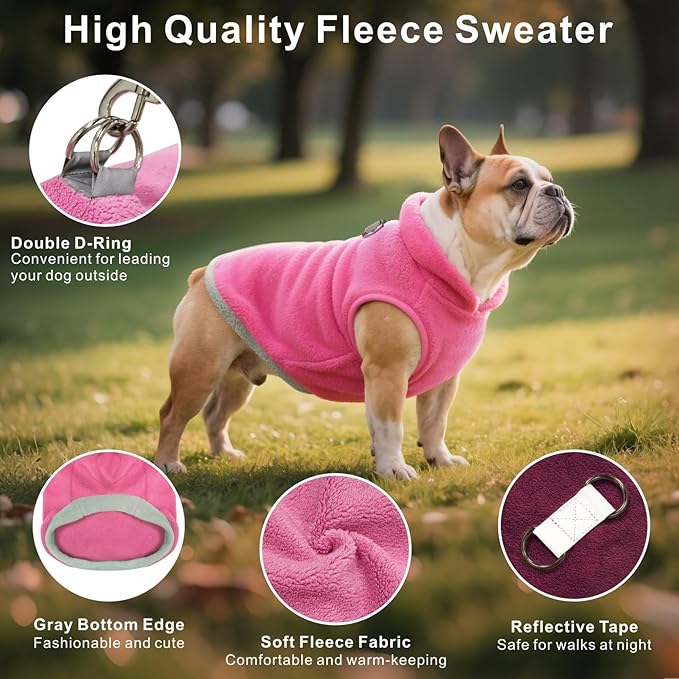 Idepet 2 Pack Dog Fleece Vest Sweater Warm Pullover Jacket with D-Ring Leash Reflective Winter Coat Hoodie for French Bulldog Pug Chihuahuas Yorkies Dachshunds(Red&Rose Red,X-Large-French Bulldog)