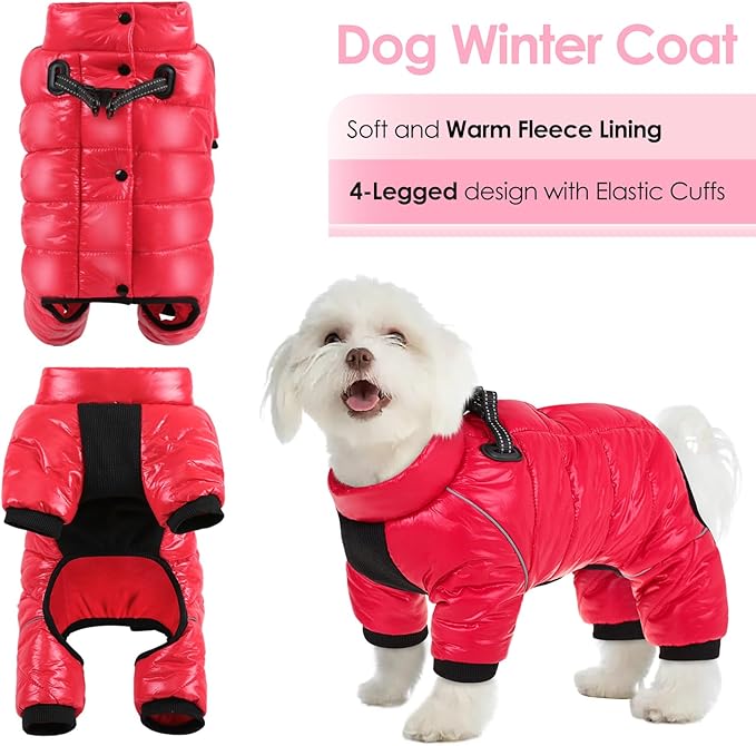 AOFITEE Dog Coat, Waterproof Dogs Jacket for Winter, Warm Fullbody Small Dog Snowsuit, Winter Coat for Small Dogs, Zip Up Pet Puffer Jacket Fleece Vest, Reflective Pet Snow Jackets, Christmas Red