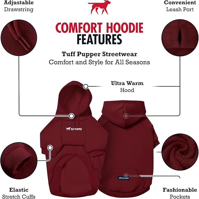 Tuff Pupper Dog Hoodie | Premium Quality 100% Organic Cotton | Ultra Soft Interior for Superior Comfort | Elastic Cuffs & Drawstring for Warmth | Stretch Fit Suitable for All Breeds (Red, XS)