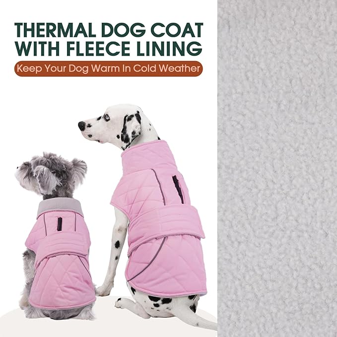Kuoser Dog Coat, Extra Warm Dog Jacket Windproof Dogs Cold Weather Coats for Large Dogs, Fleece Lining Turtleneck Puppy Snowsuit Reflective Adjustable Pet Winter Clothes Christmas, Pink L