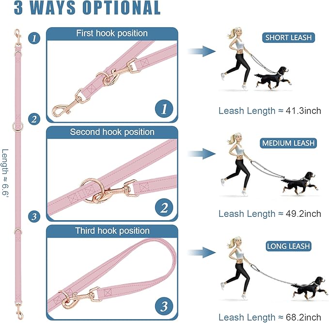 Soft Leather Dog Collar and Leash (6.6') Set - Stylish Rose Gold Heavy Duty Metal Buckle, 4 Adjustable Lengths Leash for Small Medium Large Dogs - Comfortable & Easy to Clean Pink S(12.2"-16.9")