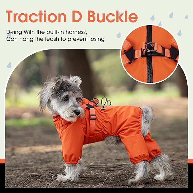 BRKURLEG Dog Raincoat for Small Dogs, Small Dog Rain Jacket with Harness Built in, Waterproof 4 Legs Pet Raincoats, Puppy Outdoor Jacket with Reflective Strip, Orange, L