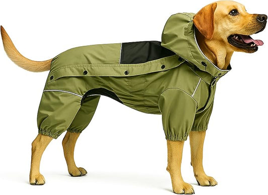 LOVELONGLONG Fleece-Lined Dog Raincoat with Removable Hood – Waterproof Winter Full Body Dog Jacket – Windproof Snowproof Cold-Weather Suit – Green-F S