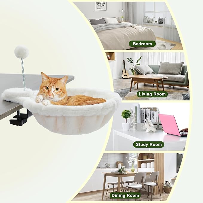 PAWZ Road Cat Bed for Desk, Large Cats Hammock with Plush Ball，12 Inches in Diameter,Space-Saving Cat Desk Bed, White Cats Hammock for Table Supports Up to 40lbs, Medium