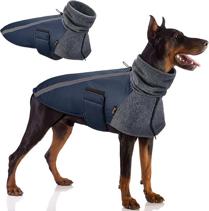 SlowTon Winter Dog Coat, Warm Polar Fleece Lining Doggie Outdoor Jacket with Turtleneck Scarf Reflective Stripe Adjustable Waterproof Windproof Puppy Vest Soft Pet Outfits (S,Dark Blue)