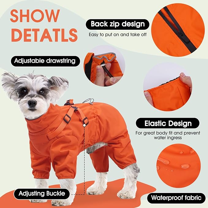 BRKURLEG Dog Raincoat for Small and Medium Dogs, Small Dog Rain Jacket with Harness Built in, Waterproof 4 Legs Pet Raincoats, Puppy Outdoor Jacket with Reflective Strip, Orange, XXXL