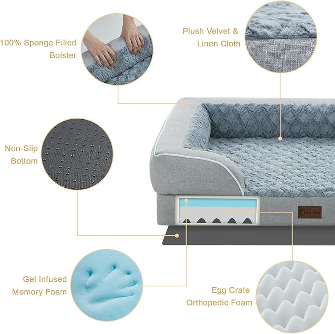 Orthopedic Dog Beds for Extra Large Sized Dogs, Waterproof Memory Foam XXL Pet Bed 48x30Inch, Non-Slip Bottom and Egg-Crate Foam Dog Couch Bed with Washable Removable Cover, Light Grey