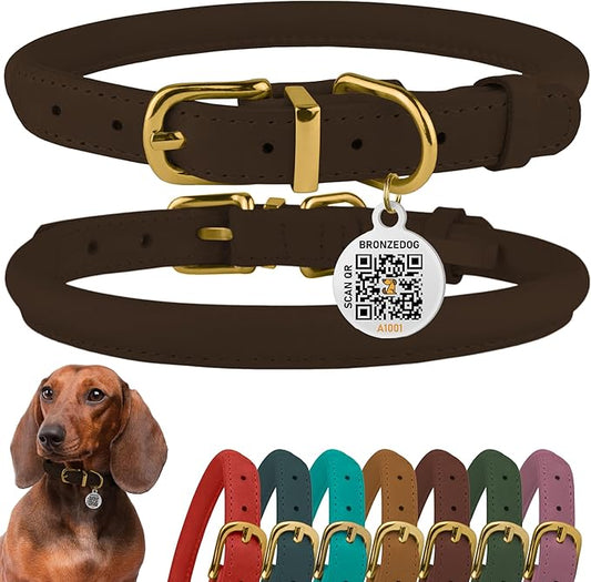 BronzeDog Rolled Leather Dog Collar with QR ID Tag, Adjustable Soft Round Collars for Small Medium Large Dogs Puppy (11" - 14 1/2" Neck Size, Brown)