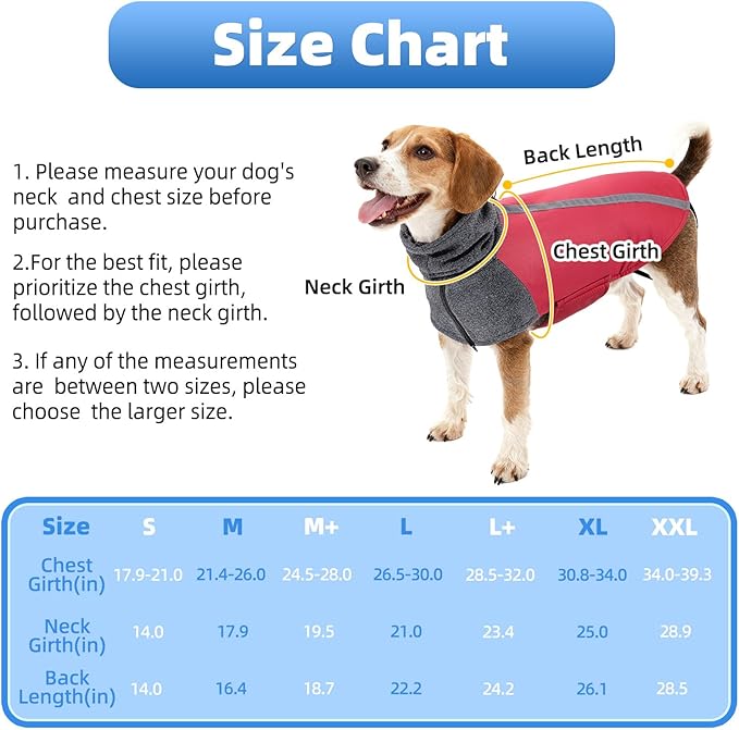 SlowTon Winter Dog Coat, Warm Polar Fleece Lining Doggie Outdoor Jacket with Turtleneck Scarf Reflective Stripe Adjustable Waterproof Windproof Puppy Vest Soft Pet Outfits (XXL,Red)