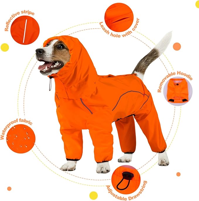 Dog Raincoat, Waterproof Dog Rain Jacket with Removable Hood，Adjustable 4 Legs Pet Poncho with Leash Hole，Reflective Stripe Hooded Snowproof Windproof Clothes for Small to 3X-Large Dogs, S