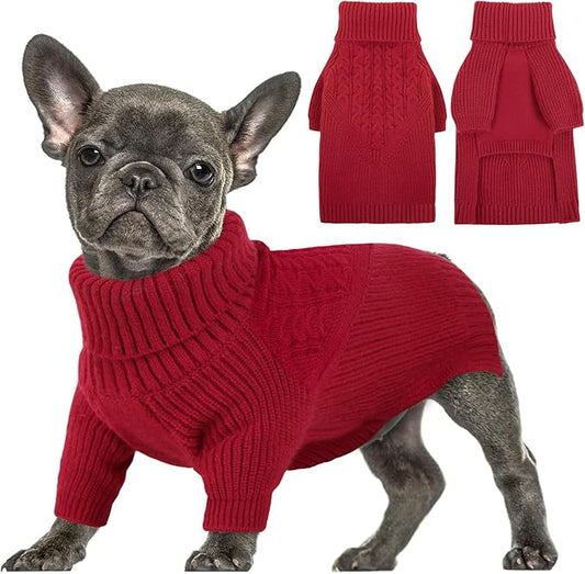 Queenmore Puppy Sweaters - Warm Winter or Fall Dog Sweaters ( Solid Turtleneck Knit, Red ) for Dog Girls & Boys, Small to Large