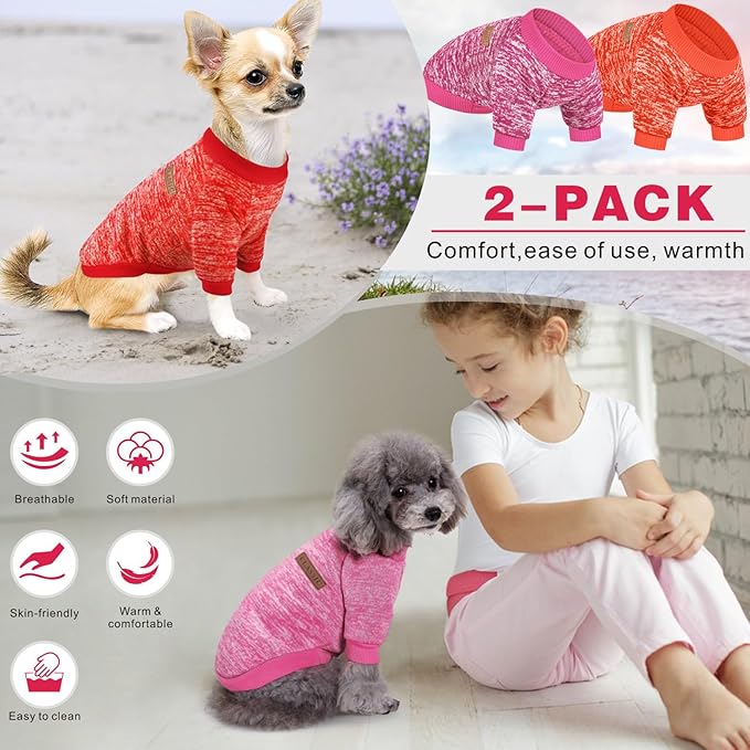 2 Pieces Pet Dog Classic Knitwear Sweater, Fleece Coat for Small,Medium Dogs,Warm Pet Dog Cat Clothes,Soft Puppy Customes for Chihuahua Yorkshire Tzu (Rose Red Orange,XXS)