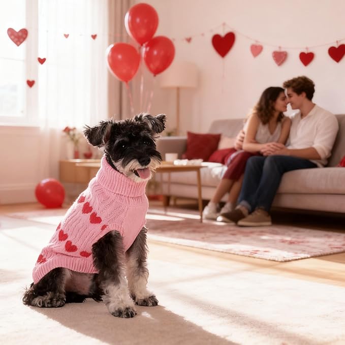 KOOLTAIL Cable Knit Dog Sweater Turtleneck, Cold Weather Pullover Classic Knitwear, Snowflake Pattern Thick Warm Winter Pet Clothes,Dog Christmas Sweater for Small Medium Large Dogs,Pink Heart S