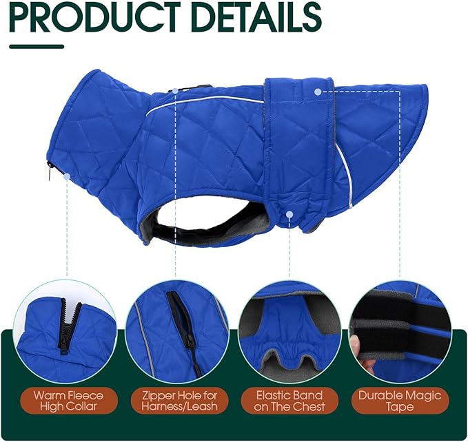 Kuoser Dog Coat, Super-Warm Dog Jacket Windproof Dogs Cold Weather Coats for Extra Large Dogs, Fleece Lining Turtleneck Puppy Snowsuit Reflective Adjustable Pet Winter Clothes Christmas, Blue 3XL