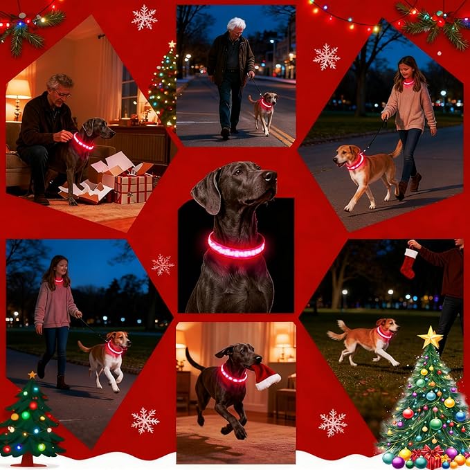 DOGWONG LED Dog Collar - Christmas Red Plaid Heavy Duty Light up Dog Collars - Rechargeable Waterproof - Lighted Dog Collars for Night Walking, Hiking, Camping(Red Plaid,L)
