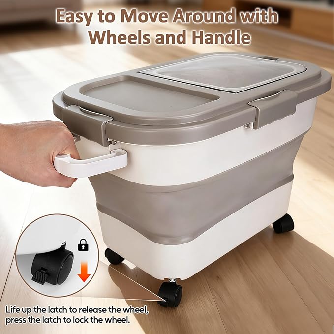 ShineMe 20Lbs Collapsible Pet Food Storage Container with Airtight Lid, Dog Food Storage Container with Measuring Scoop and Cup, Wheels & Handle for Easy Moving, Keep Dry Food Fresh (Khaki)
