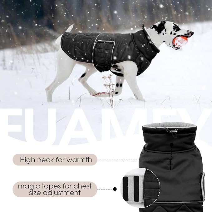 FUAMEY Warm Winter Coats for Large Dogs Windproof, Fleece Lined Dog Jacket Waterproof Snowsuit, Thermal Doggy Vest Adjustable Snow Outfits Cold Weather (Black, 3XL)