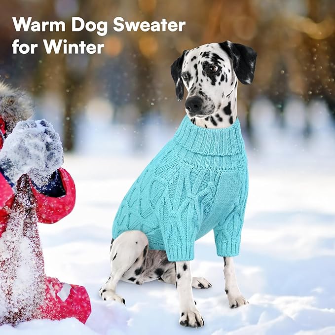Queenmore Large Dog Sweater,Dog Sweaters for Large Dogs Male Female,Thanksgiving Fall Knit Sweater for Dogs,Turtleneck Thick DogSweaters,Knitwear Pet Clothes for Corgi,French Bulldog(Lake Blue,L)