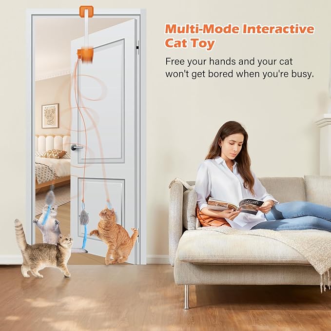 Rechargeable Electric Cat Teaser with Remote – Interactive Door Clip Toy for Cats, 2 Motion Modes (360° Spin & Irregular Jumping), Smart Auto Cat Toy for Exercise & Fun (Orange)