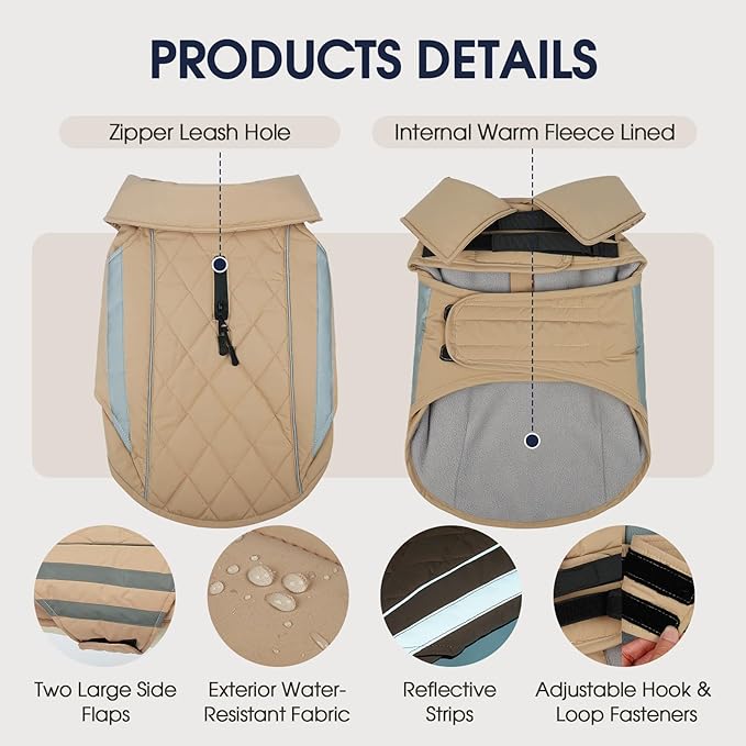 IECOii Dog Coat Waterproof - Adjustable & Reflective Winter Jacket with Cozy Fleece Lining, Coats for Rainy, Snowy Outdoor Activities, Khaki, Sizes M