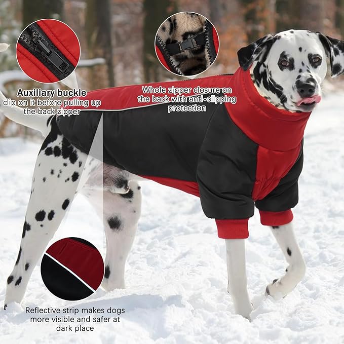 IDOMIK Reversible Dog Winter Coat, Thick Warm Dog Coat with Leopard Fleece Lining&Zipper, Adjustable High Collar Waterproof Jacket, Reflective Pet Cold Weather Coats for Medium Dogs,Red,M