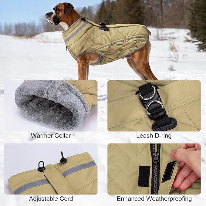Dog Coat, Warm Dog Winter Coat for Large Dogs, Waterproof Jacket with Harness Built in, Reflective Turtleneck Cold Weather Coats with Zipper,Pet Fleece Vest Snow Jacket, Brown L