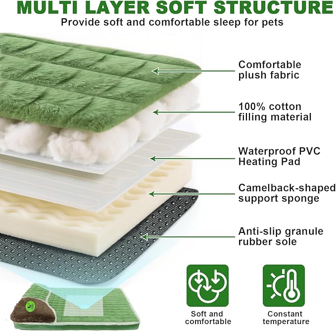 Heated Cat Bed Indoor Washable Bed Memory Foam Soft Dog Bed with Side Pillow, Smart Temperature Control Switch, Removable Cotton Sleeve Wash-Green (Green, 20 x 20 x 2 in)