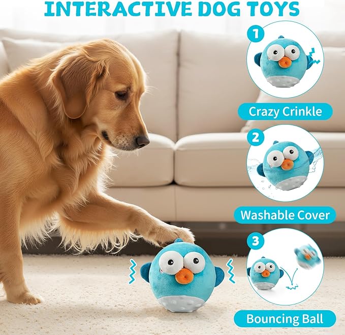 Interactive Dog Toy Ball, Rechargeable Jumping Plush Toy with Motion Activation for Small Large Dogs, Squeaky Moving Bouncing Ball for Pets Keep Busy Reduce Boredom, No Loud Music (Puffer)