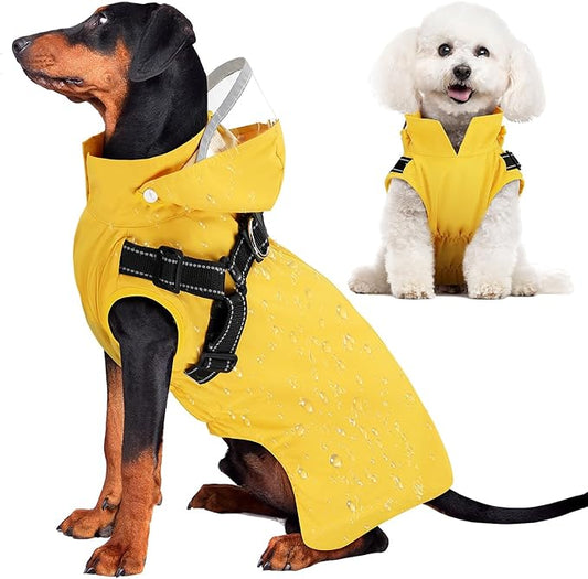 Lukovee Dog Raincoat - Waterproof Rain Jacket with Harness & Removable Hood, Reflective Double Layer Dog Rain Coat Poncho for Small Medium Large Dogs Puppy (2XL, Yellow)