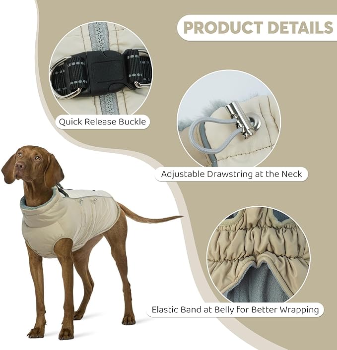 IDOMIK Warm Dog Coat with Harness, Waterproof Reflective Dog Jackets for Small Medium Large Dogs, Fleece High Collar Winter Jacket with Zipper, Pet Winter Snowsuit Clothes for Cold Weather,Khaki 2XL