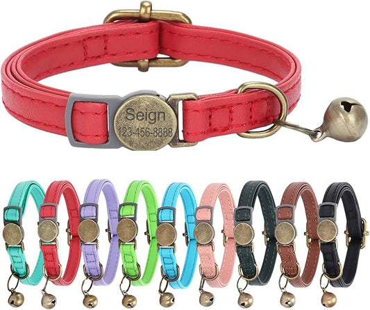 Cat Collar Breakaway, Personalized Leather Cat Collar with Bells - Adjustable Customized Collar with Name & Phone Number Tag for Girl Boy Cats - Quick Release Buckle for Cats & Kittens(Red)