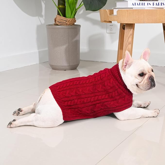 2 Pack Dog Sweaters for Medium Dogs Turtleneck Pullover Cable Knit Stretch Clothes French Bulldog Dachshund Boston Terrier Corgi Beagle Pug Boy Girl Pets Winter Clothes (M, Red & Brown)
