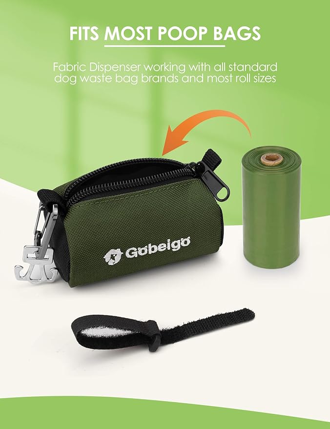 Gobeigo Dog Poop Bag Holder for Leash, Large Opening for Easy Pull Out, Doggy Poo Bag Dispenser with Used Waste Bag Carrier Suitable for Any Retractable Leash with 15 Unscented Bags (Army Green)