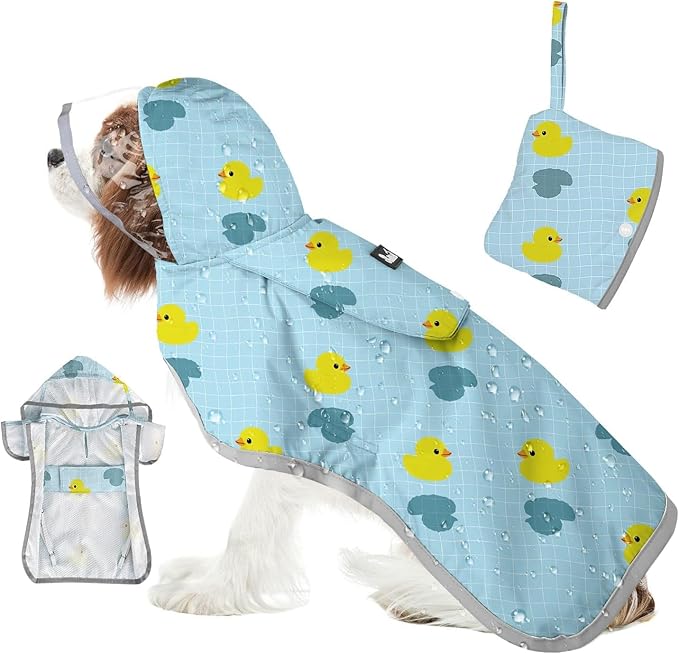 SlowTon Dog Raincoat, Adjustable Dog Rain Jacket Clear Hooded Double Layer, Waterproof Poncho with Reflective Strip Straps and Storage Pocket for Small Medium Large Dogs Puppies (DK L)