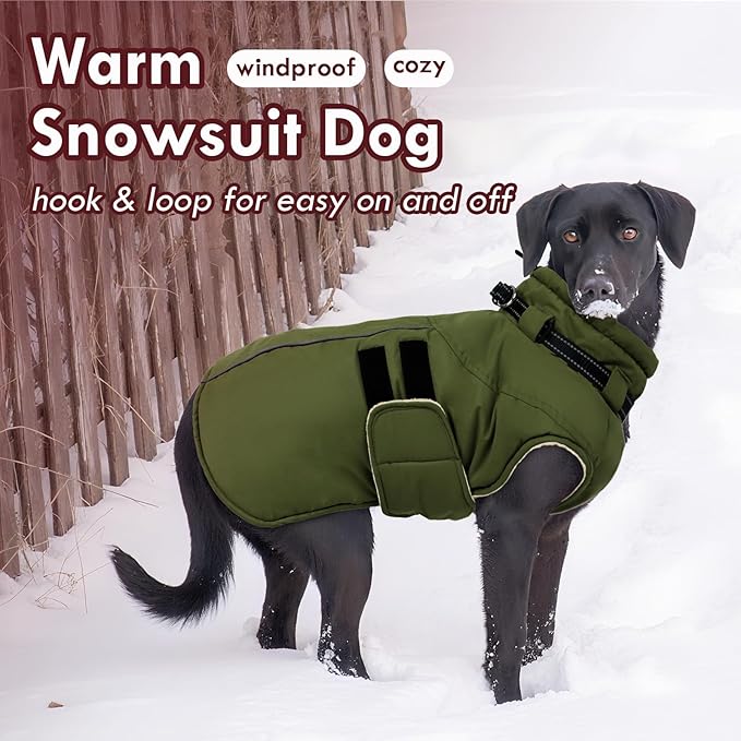 Dog Coats for Medium Dogs, Waterproof Winter Coat with Harness Bulit in, Reflective Reflective Adjustable Hook&Loop Dog Snowsuit for Cold Weather Warm Snow Jacket, M Green