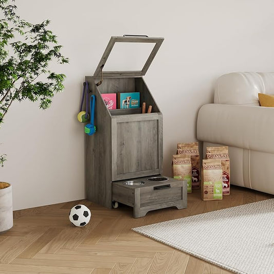 Dog Feeding Station with Storage Cabinet, 2 Elevated Bowls, FILP Top Food Storage Cabinet Container, Pet Feeding with 3 Hooks, Farmhouse Dog Feeder Station, Grey