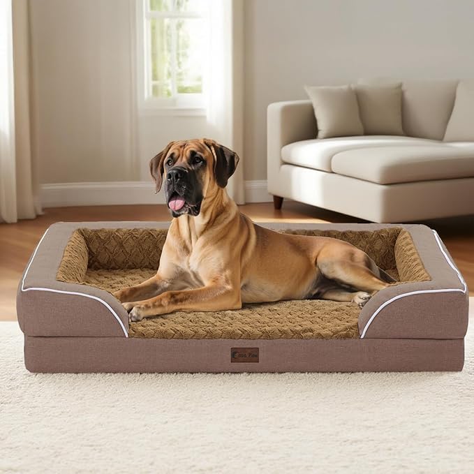 Orthopedic XL Dog Beds, Waterproof Memory Foam Big Pet Bed for Extra Large Sized Dogs 45x35Inch, Non-Slip Bottom and Egg-Crate Foam Dog Couch Bed with Washable Removable Cover, Brown