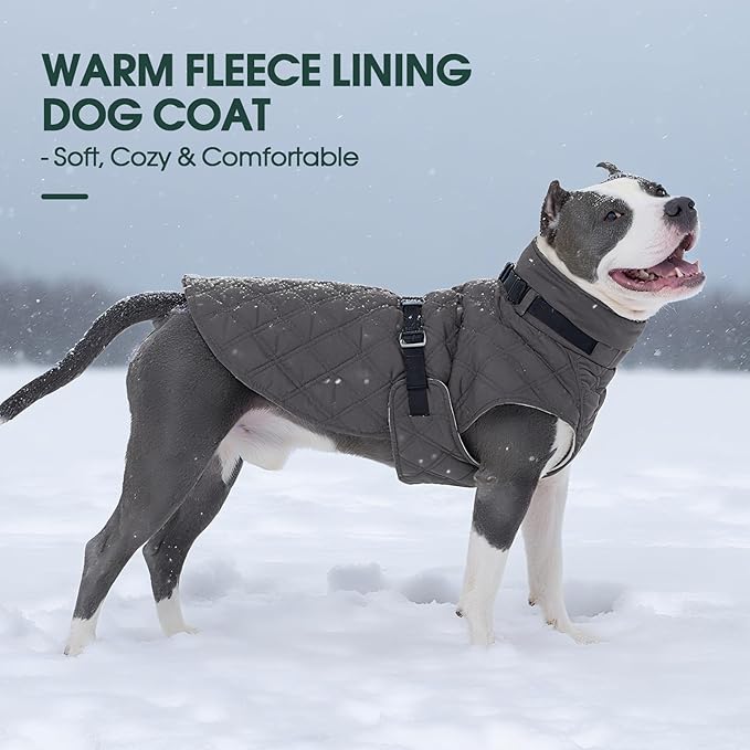 Kuoser Dog Coat Warm Fleece Lining Turtleneck Dog Jacket with Harness Built-in, Adjustable Windproof Cold Weather Coats with Quick Release Buckle Pet Winter Snowsuit for Extra Small Dogs, Grey XS